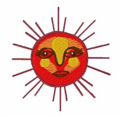Whimsical sun with a detailed face in red and yellow, featuring playful rays in a vibrant embroidery design.