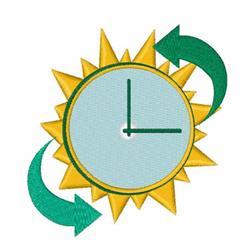 Colorful sun with clock hands and green arrows, playfully framed for spring/summer projects.