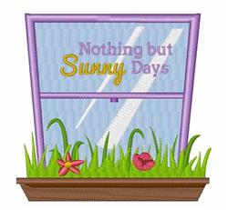 Stylized window with a purple frame and cheerful 'Nothing but Sunny Days' text, surrounded by green grass and colorful flower