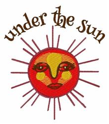 Vibrant sun with a smiling face, warm yellow and orange rays, and contrasting brown text 'under the sun'.
