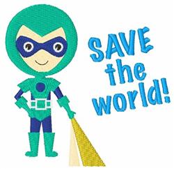 Cheerful superhero character in bright green costume with yellow cape and blue 'SAVE the world!' phrase, playful style.