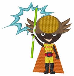Cartoon superhero character in a vibrant yellow costume with a brown cape, wielding a green lightning bolt.