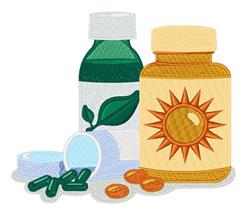 Vibrant bottles of supplements, one green with a leaf motif and one orange with a sun design, alongside scattered capsules.