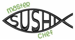 Playful fish shape with bold 'SUSHI', curved 'master' in green, and 'Chef' below, perfect for kitchen towels.