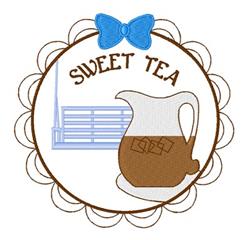 Charming pitcher of sweet tea with warm brown tones, playful blue bow, and cheerful text in a whimsical design.