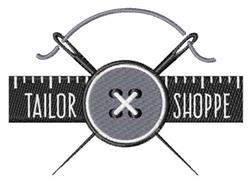 Modern tailor shop applique design featuring a button, needles, and a ruler in gray and black tones.