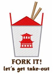 Take-out container with a red top, chopsticks, and 'FORK IT! let's get take-out' text in a playful style.
