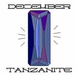 Stylized tanzanite gemstone in vibrant blues and purples with bold 'DECEMBER' text, modern and colorful design.
