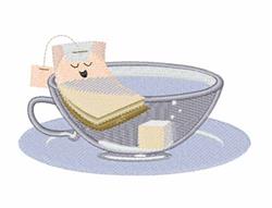 Playful teabag in a transparent cup with soft ripples, accompanied by a sugar cube in light blue tones.