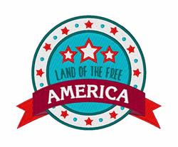 Circular emblem featuring a teal background, red stars, and a red banner with 'AMERICA', perfect for Independence Day.