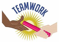 Two hands passing a baton in a vibrant scene, with a sunburst backdrop and bold 'TEAMWORK' text.