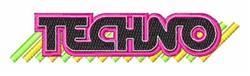 Bold techno text in black outlined with vibrant pink, featuring dynamic yellow and light green geometric lines.