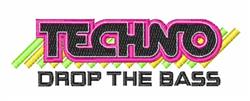 Bold text design featuring 'TECHNO' and 'DROP THE BASS' in neon colors with geometric shapes, perfect for a party.
