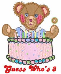 Applique teddy bear sitting on a pink birthday cake with colorful candles and a lollipop, perfect for children's celebrations
