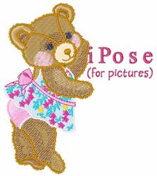 Playful teddy bear in a floral dress with a pink bow, cheerful expression, perfect for kids' items.