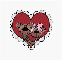Cute teddy bears nestled in a heart, featuring pink accents on a deep red background, perfect for Valentine's Day.