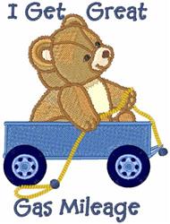 Playful teddy bear in a blue wagon with circular wheels, pulling a yellow string in a cartoonish style.