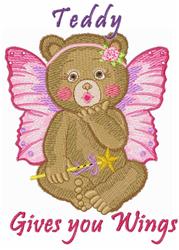 Applique teddy bear with large pink wings and a playful face, holding a fairy wand in vibrant colors.