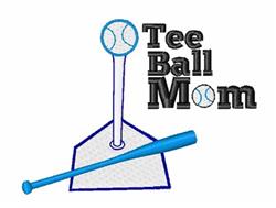Playful baseball home plate design featuring a tee and bat, with 'Tee Ball Mom' text in vibrant colors for sports season.
