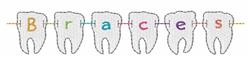 Playful design with cartoonish teeth linked by a colorful string, each displaying letters from 'Braces.'