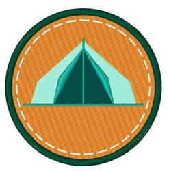 Stylized tent in teal with white stitching, surrounded by a green circular border on an orange background.