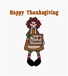 Whimsical character with red curly hair in a green dress holding a 'Be Thankful' sign for Thanksgiving.