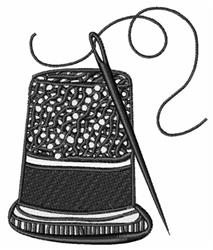 Thimble with textured surface, accompanied by a needle and delicate thread, emphasizing classic sewing tools.