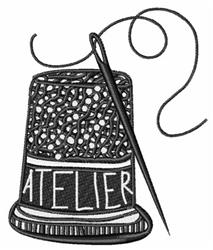 Stylized thimble featuring 'ATELIER' with a detailed pattern, needle threaded through and gracefully looping thread.