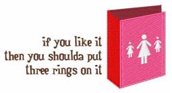 Playful female figures on a vibrant pink background, with humorous text about rings for a cheerful, lighthearted design.
