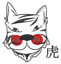 Stylized tiger face with bold black outlines, red circular accents, and nearby Chinese characters in a simplistic design.