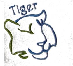 Stylized tiger head in blue and green threads with playful 'Tiger' text above, featuring simplistic line art.