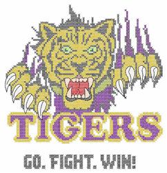 Cross stitch tiger head with sharp claws, bold yellow and black colors, and 'TIGERS' text in purple and yellow.