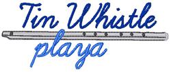 Tin whistle illustration in silver-gray with stylish blue 'Tin Whistle' text above and flowing 'playa' script below, suitable