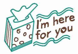 Playful tissue box with whimsical polka dots and a comforting hand, featuring the text 'I’m here for you'.