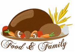 Dinner platter with a roast, colorful vegetables like carrots, wheat stalks, and warm 'Food & Family' text.