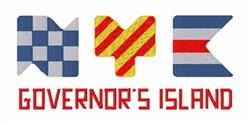 Modern design featuring NYC symbols with colorful checkerboard, red stripes, and bold text 'GOVERNOR'S ISLAND'.