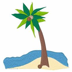 Bright green palm tree with a brown trunk on a sandy beach, surrounded by blue water. Summer tropical scene.