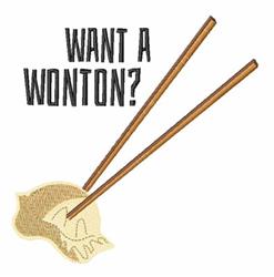 Playful wonton dumpling captured by wooden chopsticks, featuring a fun 'WANT A WONTON?' text above.