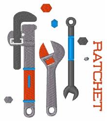 Vibrant tools design featuring a pipe wrench, adjustable wrench, and ratchet tool with colorful hexagonal shapes.