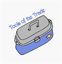 Stylized toolbox design with a gray body, blue base, and playful 'Tools of the Trade' text.
