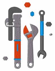 Colorful tools collection featuring a pipe wrench, adjustable wrench, and sockets in vibrant grey, red, and blue hues.