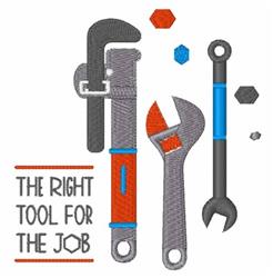 Vector art style featuring a pipe wrench, adjustable wrench, and hex key in gray and orange, with 'THE RIGHT TOOL FOR THE JOB