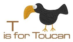 Playful toucan with a yellow beak and black body next to a letter 'T' and the text 'is for Toucan'.
