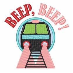 Playful train design with a green front, red accents, and stylized tracks, featuring cheerful 'BEEP, BEEP!' text.