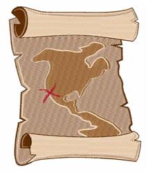 Treasure map styled in a cartoonish design, featuring rolled parchment with light brown regions and a red 'X' mark.
