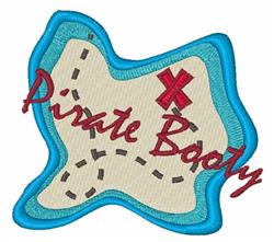Playful treasure map with a blue border, light brown area, and 'Pirate Booty' in red text, perfect for kids.
