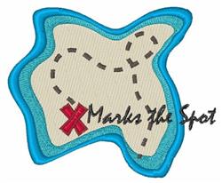 Playful treasure map with bright blue outline, light beige center, dotted path, and bold red 'X' for kids' adventures.