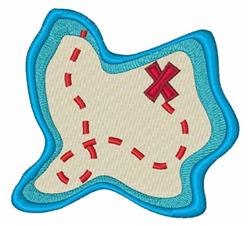 Playful treasure map with blue border, red dotted line, and bold red 'X' for kids' adventure. Perfect for machine embroidery.