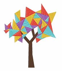 Stylized tree applique with a sturdy triangular trunk, vibrant geometric canopy in bright colors.