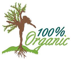 Whimsical human-shaped tree figure with outstretched arms, '100% Organic' text in earthy tones, eco-friendly design.